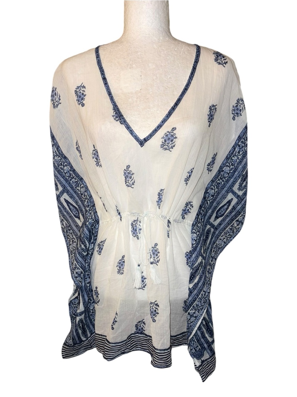 Joie Blue & White Floral Print Tie Waist Tassel Detail Kaftan Top / Cover Up  S